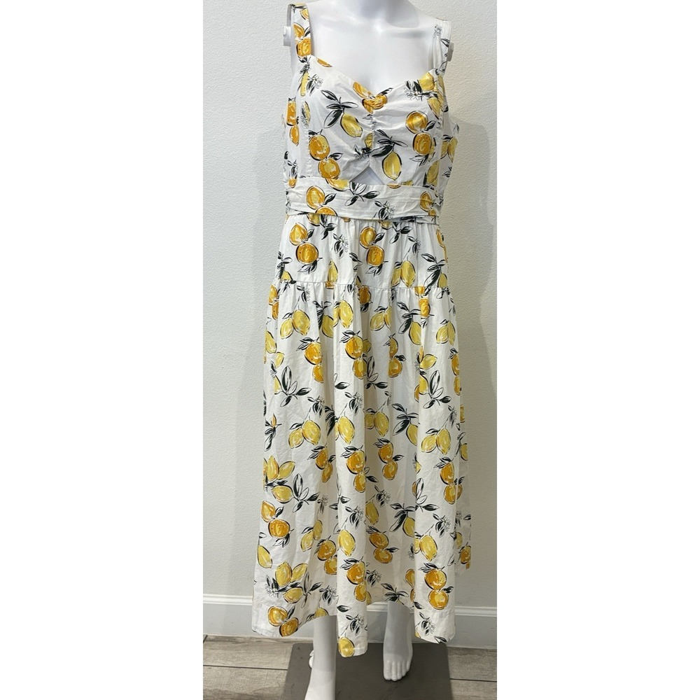 Free Assembly Lemon Print Cut-Out Midi Dress Cotton Smocked Back White Yellow M